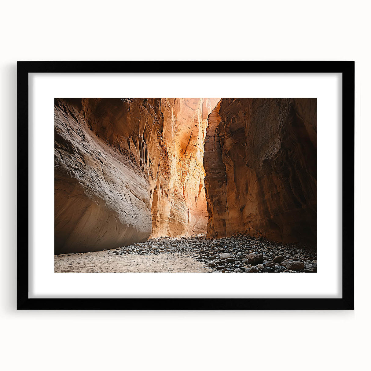 Framed landscape artwork depicting a serene cave scene, featuring a black mat border and sleek black frame, perfect for modern home decor and nature enthusiasts.