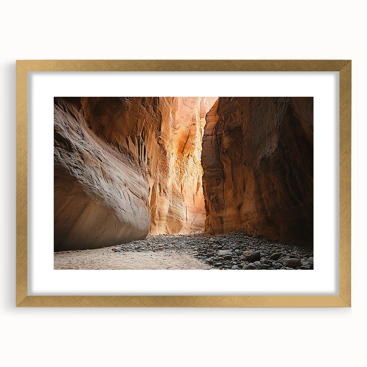 Elegant gold-framed landscape artwork showcasing a serene cave scene, complete with a decorative mat, ideal for home decor and art enthusiasts. The image highlights the intricate details and warm color palette, enhancing any interior space.