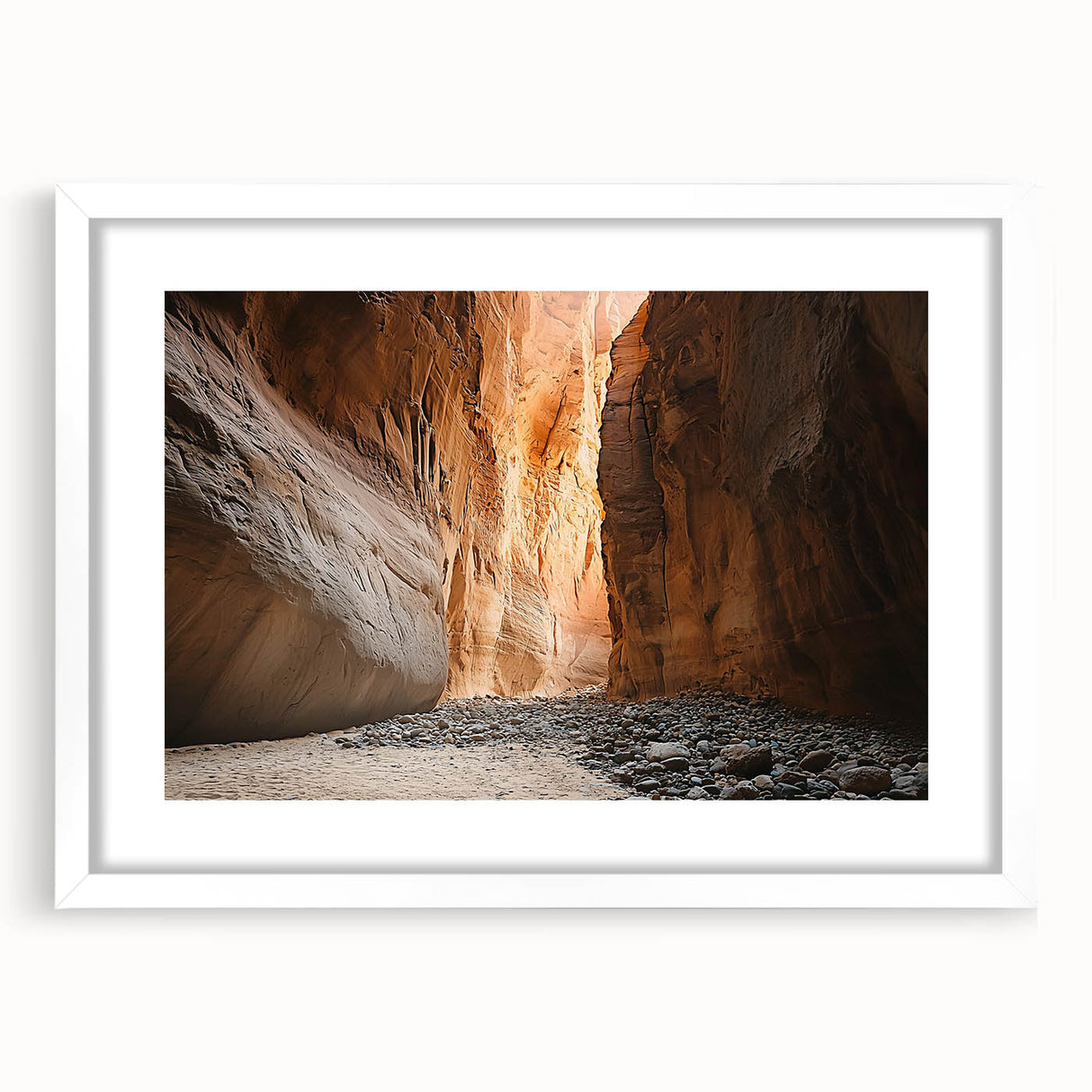 Framed landscape artwork depicting a serene cave scene with a white mat, showcasing natural hues and intricate details, perfect for home decor.