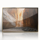 Framed acrylic artwork depicting a stunning landscape with caves, featuring rich gold accents. Ideal for modern decor, adding elegance to any room.
