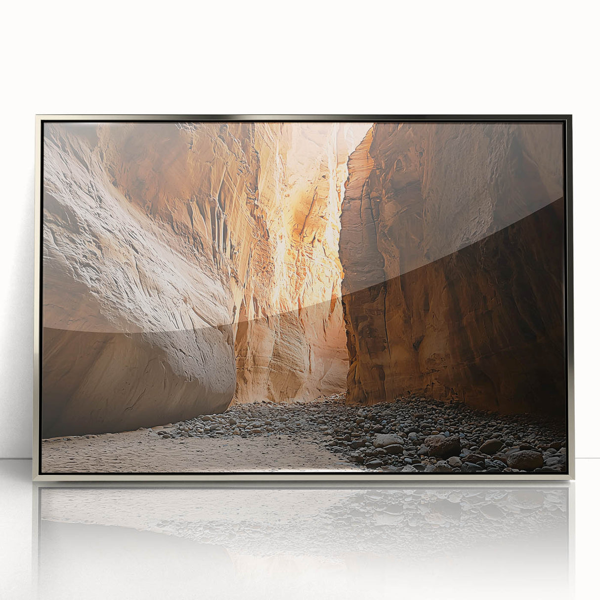 Framed acrylic artwork depicting a serene landscape with caves, featuring silver accents and a modern design, ideal for enhancing home decor.