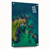 Acrylic landscape artwork depicting a dramatic cliffside view, showcasing vivid colors and intricate details, mounted on glass with decorative pins for an elegant display.