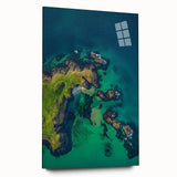 Acrylic landscape artwork depicting dramatic cliffs in vibrant colors, showcased in a sleek glass side view without pins, perfect for modern decor.