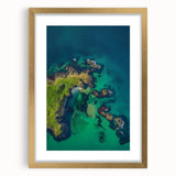 Elegant gold-framed landscape art print showcasing dramatic cliffs and serene vistas, designed to enhance home decor with its sophisticated style and vibrant colors.