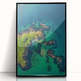 Framed acrylic wall art of dramatic cliffs, showcasing vibrant colors and intricate details, set against a sleek black frame for modern decor. Perfect for enhancing living spaces with a touch of nature-inspired elegance.