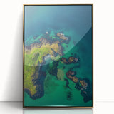 Framed acrylic art piece showcasing a stunning landscape of cliffs with gold accents, perfect for adding elegance to modern home decor.