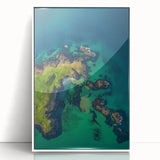 Framed acrylic landscape artwork showcasing dramatic cliffs and vibrant skies, presented in a sleek white frame, ideal for modern home decor and nature enthusiasts.