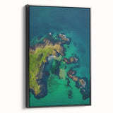 Framed canvas artwork showcasing a dramatic landscape of cliffs in muted tones, featuring a sleek black frame that enhances the visual depth. Ideal for modern home decor.