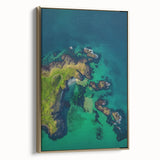 Framed canvas artwork depicting a stunning landscape of rugged cliffs, highlighted by a golden frame, perfect for enhancing modern home decor. The vibrant colors and intricate details capture the beauty of nature, making it an ideal centerpiece for any room.