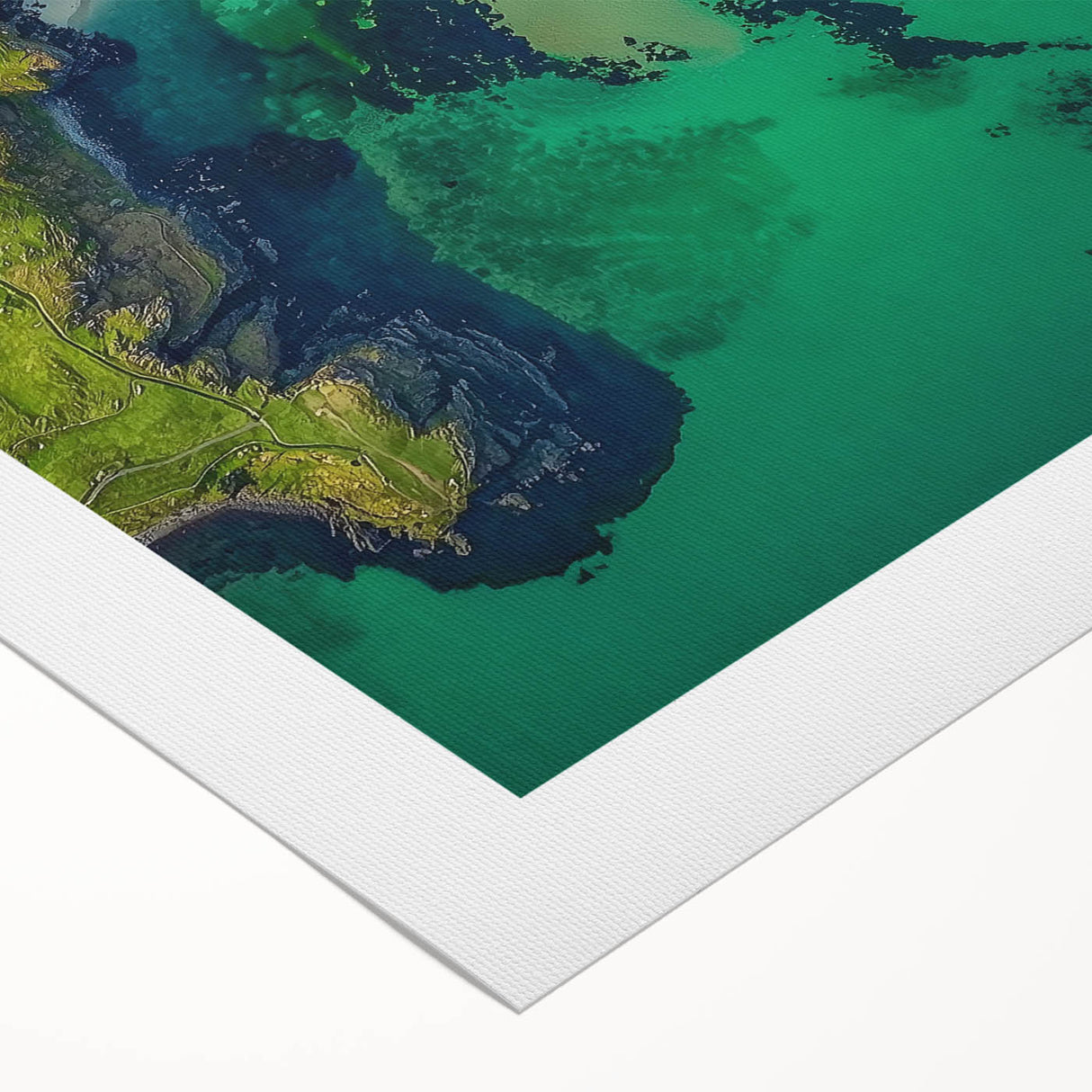 Vibrant rolled canvas artwork depicting dramatic cliffs and landscapes, showcasing rich colors and textures, ideal for enhancing home decor.