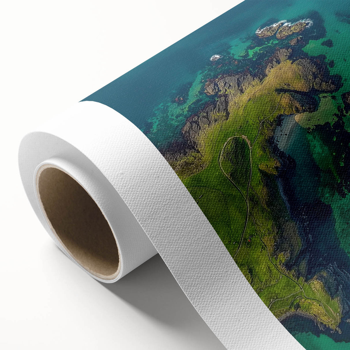 Vibrant rolled canvas depicting a stunning landscape of cliffs against a bright blue sky, showcasing intricate details and rich colors, perfect for home decor.