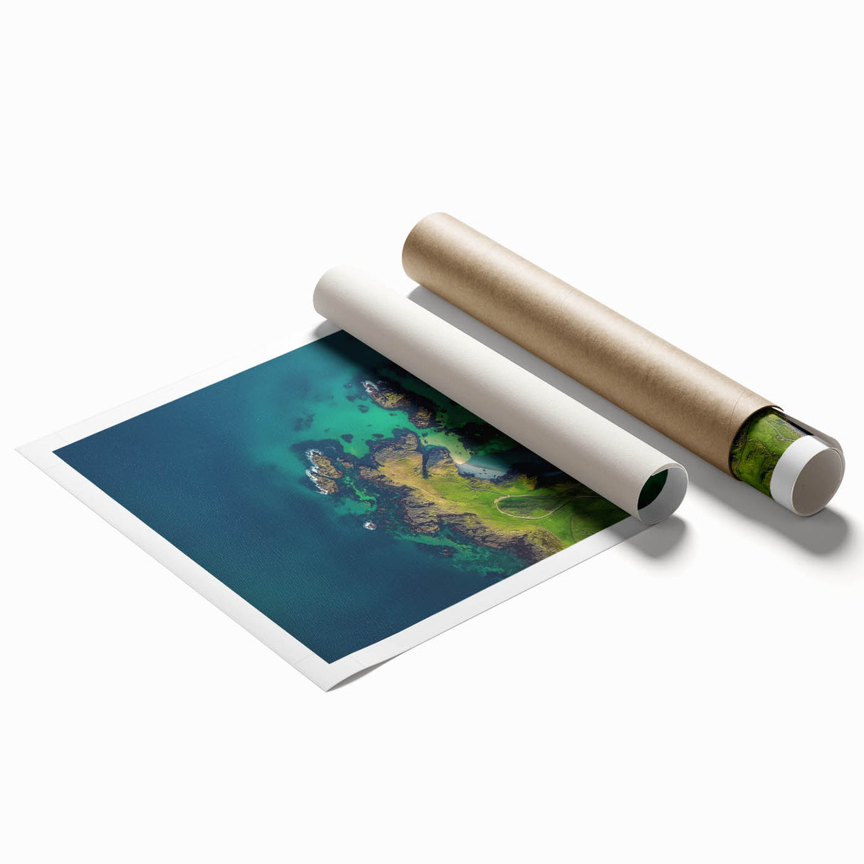 Stunning landscape print showcasing dramatic cliffs and vibrant colors, rolled and packaged in a protective cardboard tube, perfect for wall decor enthusiasts.