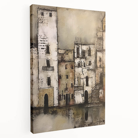 Abstract architecture wall art on stretched canvas showcases geometric patterns in shades of blue and gray, adding a modern touch to any space.
