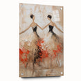 Abstract figurative wall art displayed in a sleek acrylic glass frame, showcasing vibrant colors and intricate designs, viewed from the side with decorative pins.