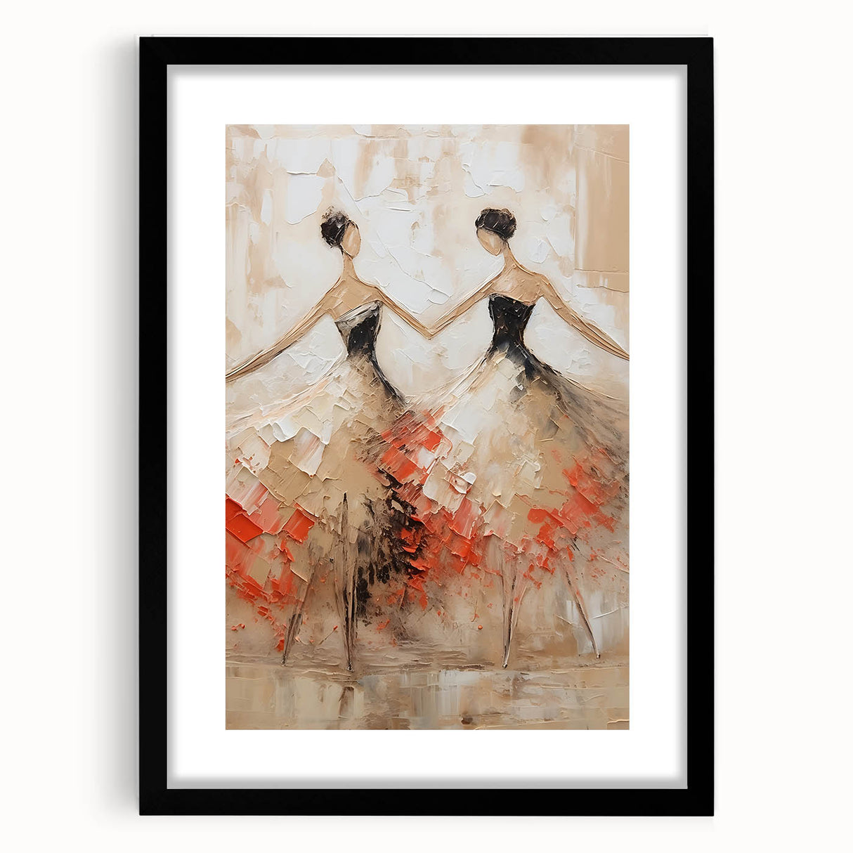 Abstract figurative wall art framed in black with a white mat, showcasing vibrant colors and dynamic shapes, perfect for modern home decor. The artwork adds a contemporary touch to any space, enhancing the aesthetic appeal and serving as a focal point in interior design.