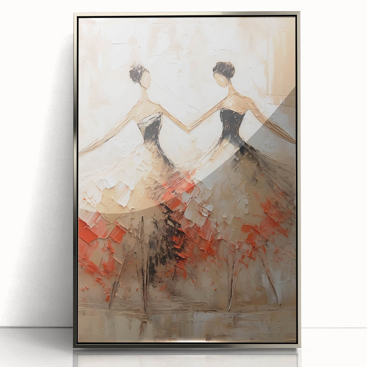 Framed abstract figurative wall art featuring silver accents, showcasing a modern design with dynamic shapes and colors, perfect for contemporary decor.