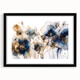 Abstract floral wall art framed in black with a white mat, showcasing vibrant colors and intricate designs, perfect for modern home decor.