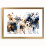 Abstract floral wall art framed in gold with a white mat, showcasing vibrant colors and intricate designs, perfect for modern home decor.