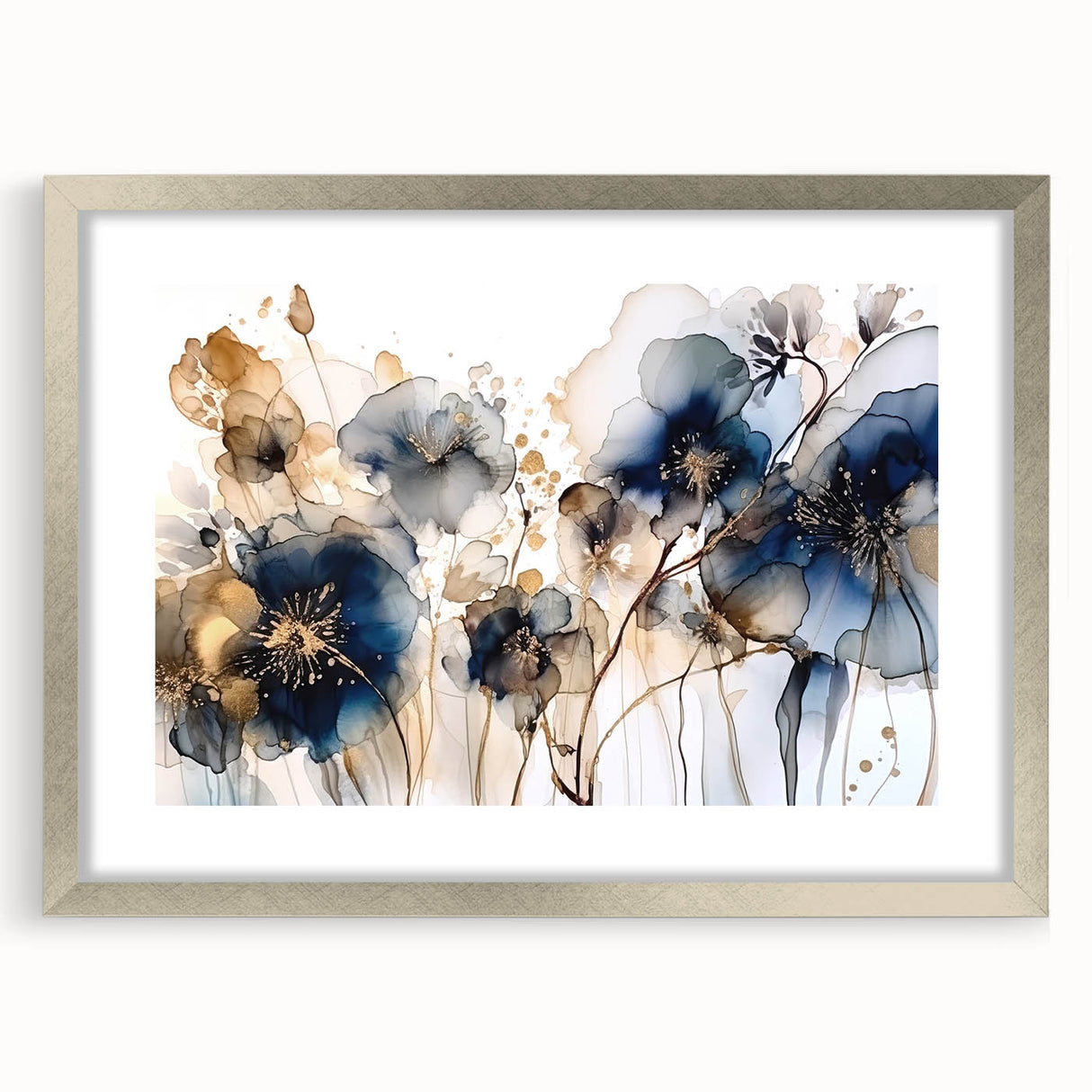 Abstract floral wall art in a silver frame with a mat, showcasing vibrant colors and intricate designs, ideal for home decoration and modern interiors.