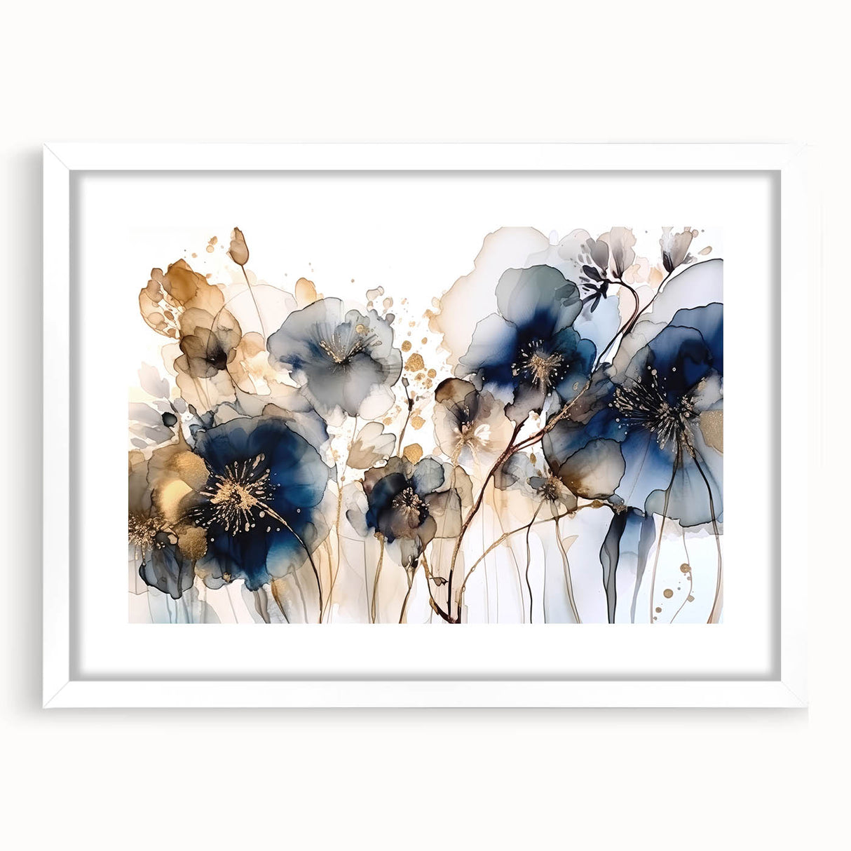 Abstract floral wall art framed in white with a mat, showcasing vibrant colors and intricate patterns, ideal for modern home decor accents.