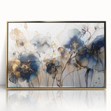 Framed abstract floral wall art featuring vibrant gold accents and soft pastel colors, ideal for modern home decor, adding elegance and sophistication to any space.