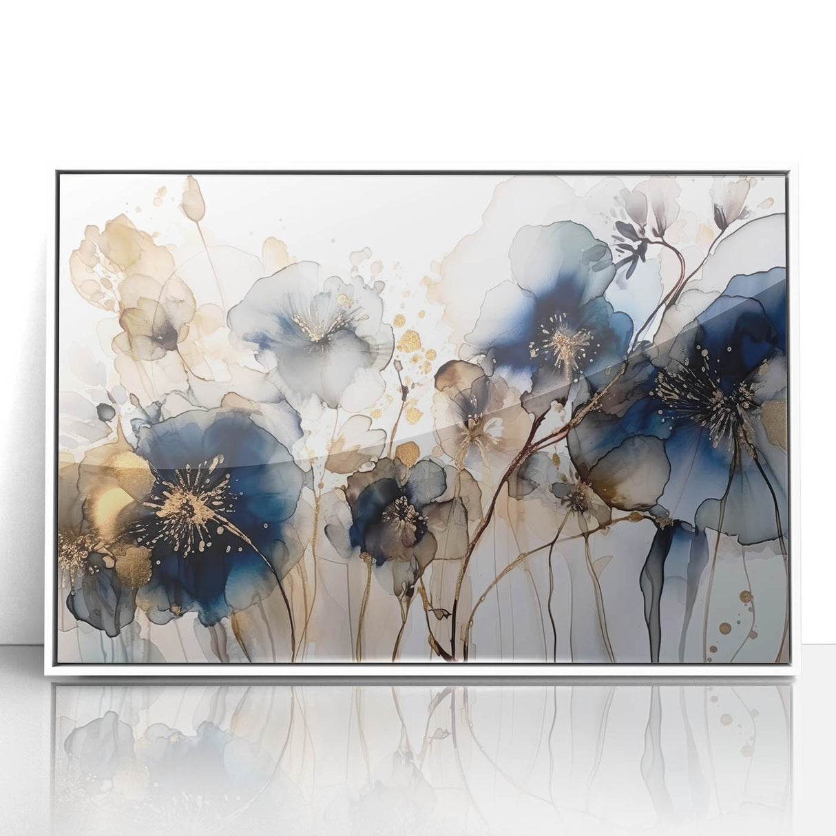 Framed acrylic wall art featuring vibrant abstract florals in shades of pink, blue, and green, set against a sleek white background, ideal for modern home decor.