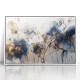 Framed acrylic wall art featuring vibrant abstract florals in shades of pink, blue, and green, set against a sleek white background, ideal for modern home decor.
