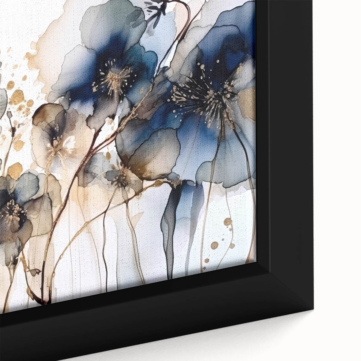 Close-up of a framed canvas artwork showcasing vibrant abstract florals in shades of blue, pink, and green, perfect for modern home decor. This stylish piece adds a touch of elegance to any room with its intricate details and bold colors.