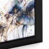 Close-up of a framed canvas artwork showcasing vibrant abstract florals in shades of blue, pink, and green, perfect for modern home decor. This stylish piece adds a touch of elegance to any room with its intricate details and bold colors.