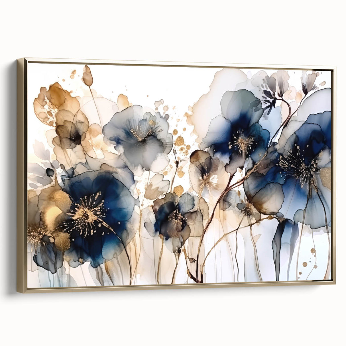 Framed canvas wall art showcasing a vibrant abstract floral design in gold tones, presented in a stylish side view, perfect for modern home decor.