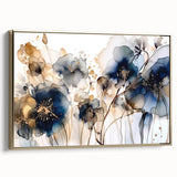 Framed canvas wall art showcasing a vibrant abstract floral design in gold tones, presented in a stylish side view, perfect for modern home decor.