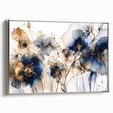 Framed canvas wall art showcasing abstract floral design in vibrant colors with a sleek silver frame, perfect for modern home decor and artistic accents.