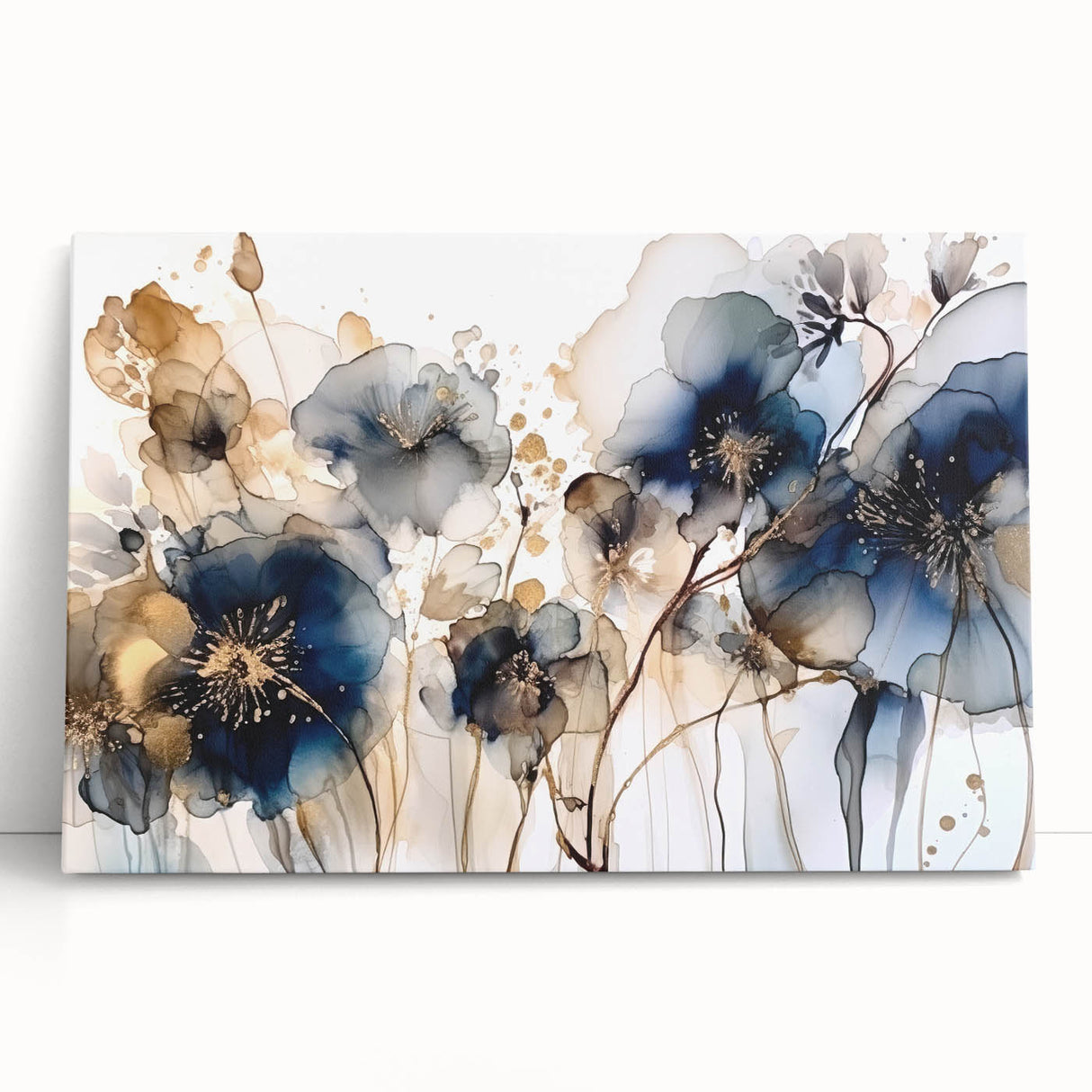 Abstract floral wall art on stretched canvas, showcasing vibrant colors and intricate designs, leaning against a neutral wall, perfect for modern decor.