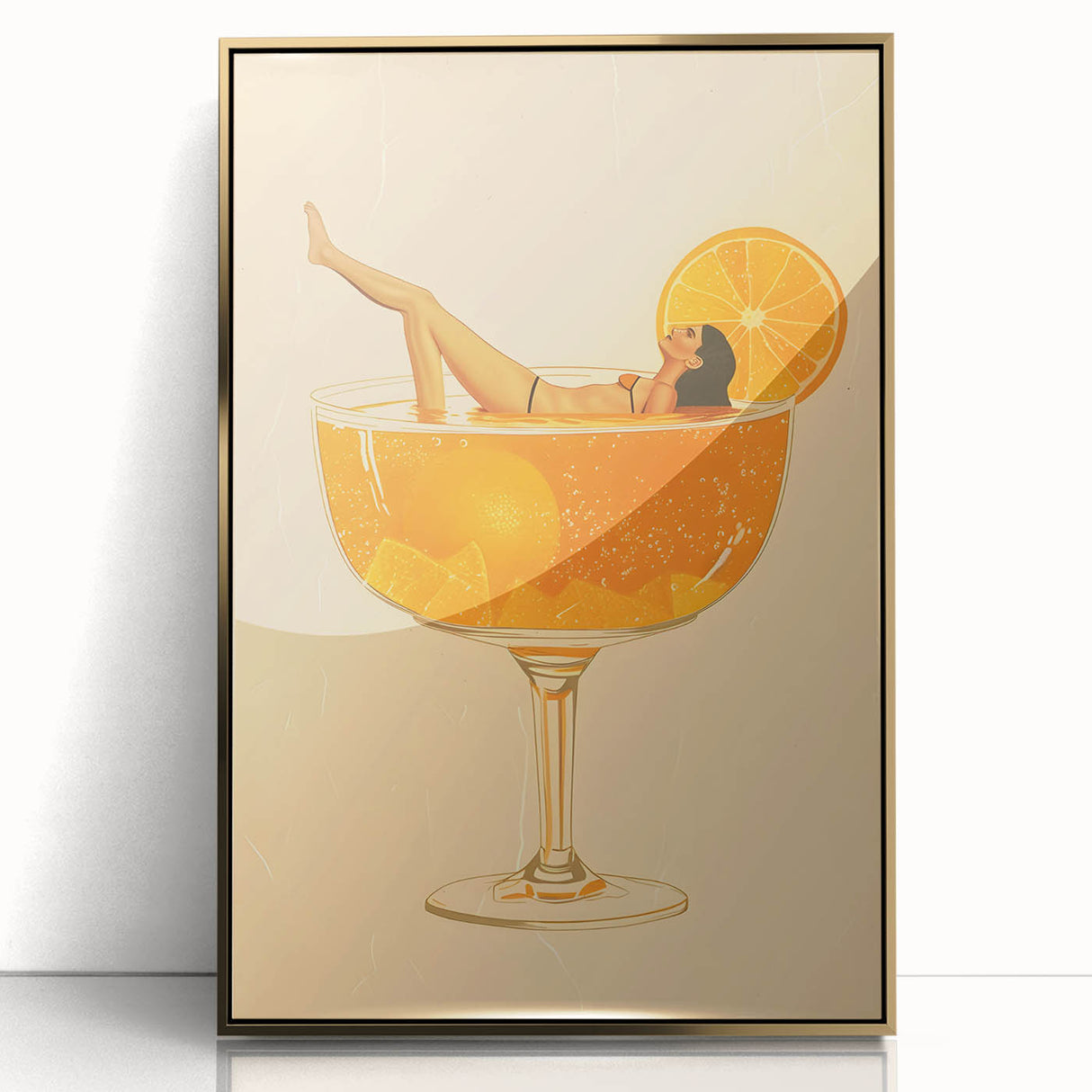 Art deco poster featuring a stylized cocktail, rendered in gold and black tones on a framed acrylic panel.