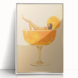 Mid-century modernist art poster of food and drinks in pastel shades, framed in white acrylic, suitable for nursery wall art.
