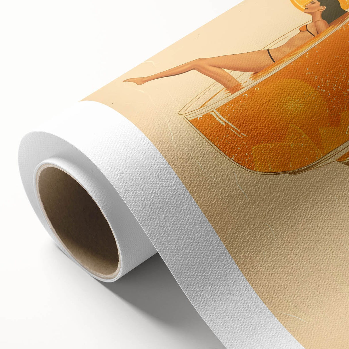 Art deco poster featuring stylized food and drink illustrations on a rolled canvas.