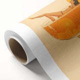 Art deco poster featuring stylized food and drink illustrations on a rolled canvas.