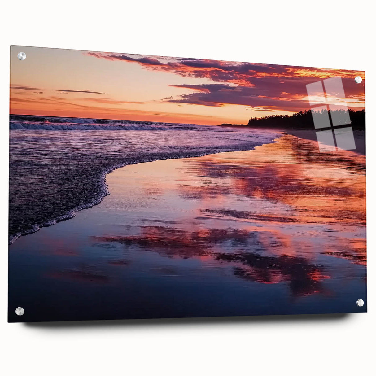 Acrylic glass landscape artwork depicting serene beaches, viewed from the side with decorative pins, showcasing vibrant colors and intricate details, ideal for coastal-themed decor.