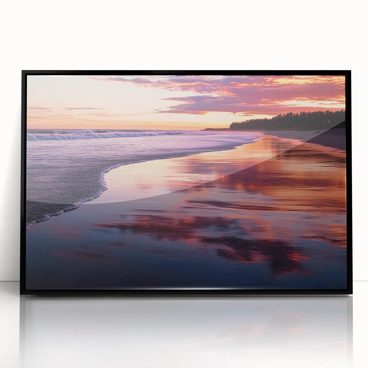 Framed acrylic artwork depicting a serene beach landscape with vibrant colors, showcasing soft waves and a clear sky, ideal for coastal home decor.
