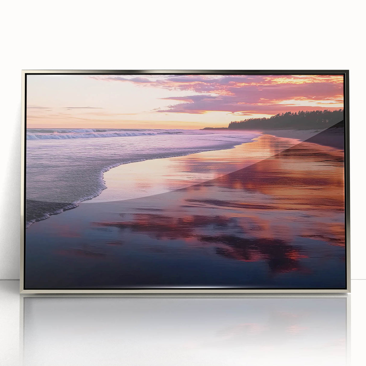 Framed acrylic artwork depicting a serene beach landscape with soft pastel colors, capturing waves and sandy shores, perfect for coastal-themed decor.