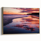 Framed canvas artwork depicting a serene beach landscape, showcasing vibrant colors and golden accents, perfect for coastal home decor. Ideal for adding a tranquil ambiance to living spaces.