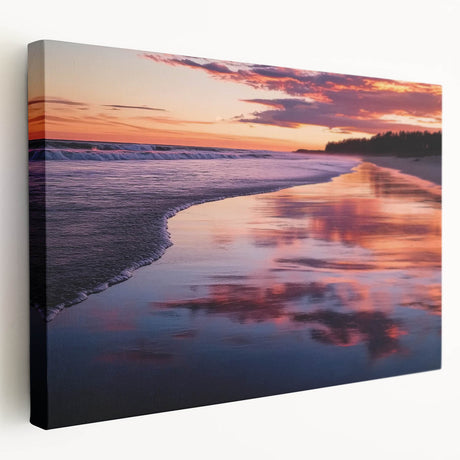 Stretched canvas artwork displaying a vibrant beach landscape, showcasing bright blue skies, golden sands, and lush palm trees, ideal for coastal-themed decor.