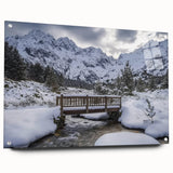 Side view of a modern acrylic glass landscape bridge design, showcasing sleek lines and vibrant colors, mounted with pins for secure display. Perfect for contemporary decor.