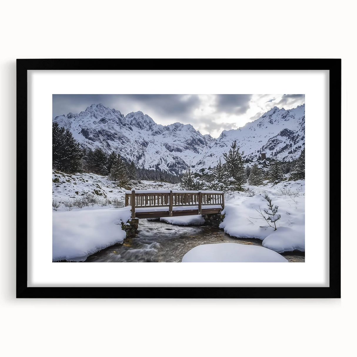 Landscape bridge frame in matte black showcasing a sleek, modern design with a white mat, ideal for enhancing home decor and displaying artwork elegantly.