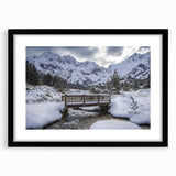 Landscape bridge frame in matte black showcasing a sleek, modern design with a white mat, ideal for enhancing home decor and displaying artwork elegantly.