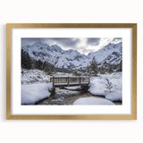 Elegant gold landscape bridge frame with a white mat, showcasing a serene outdoor scene, perfect for enhancing home decor and adding sophistication to any room.