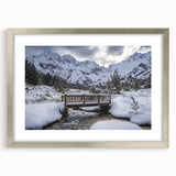 Elegant silver landscape bridge frame showcasing a mat finish, designed for displaying art or photographs, set against a neutral backdrop for a sophisticated look.