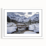 Landscape bridge frame in white, showcasing a scenic view, designed for displaying artwork or photographs, featuring a sleek modern aesthetic and matting for added elegance. Ideal for home decor or gallery presentations.