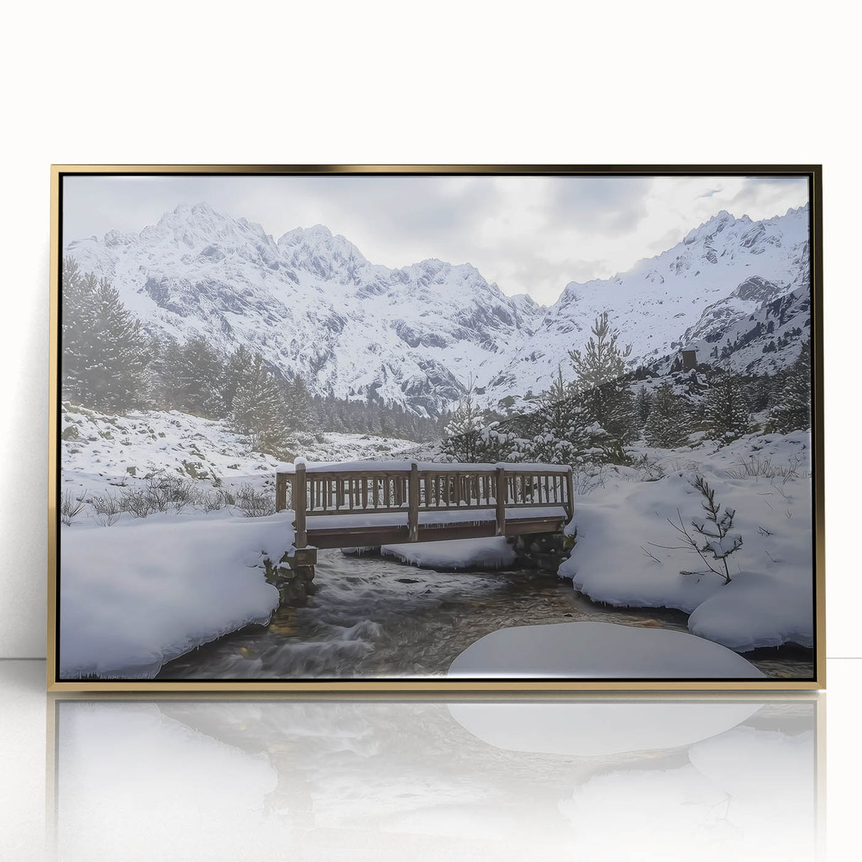 Framed acrylic artwork showcasing a stunning landscape bridge design in gold tones, positioned against a sleek, modern background for a sophisticated decor touch.