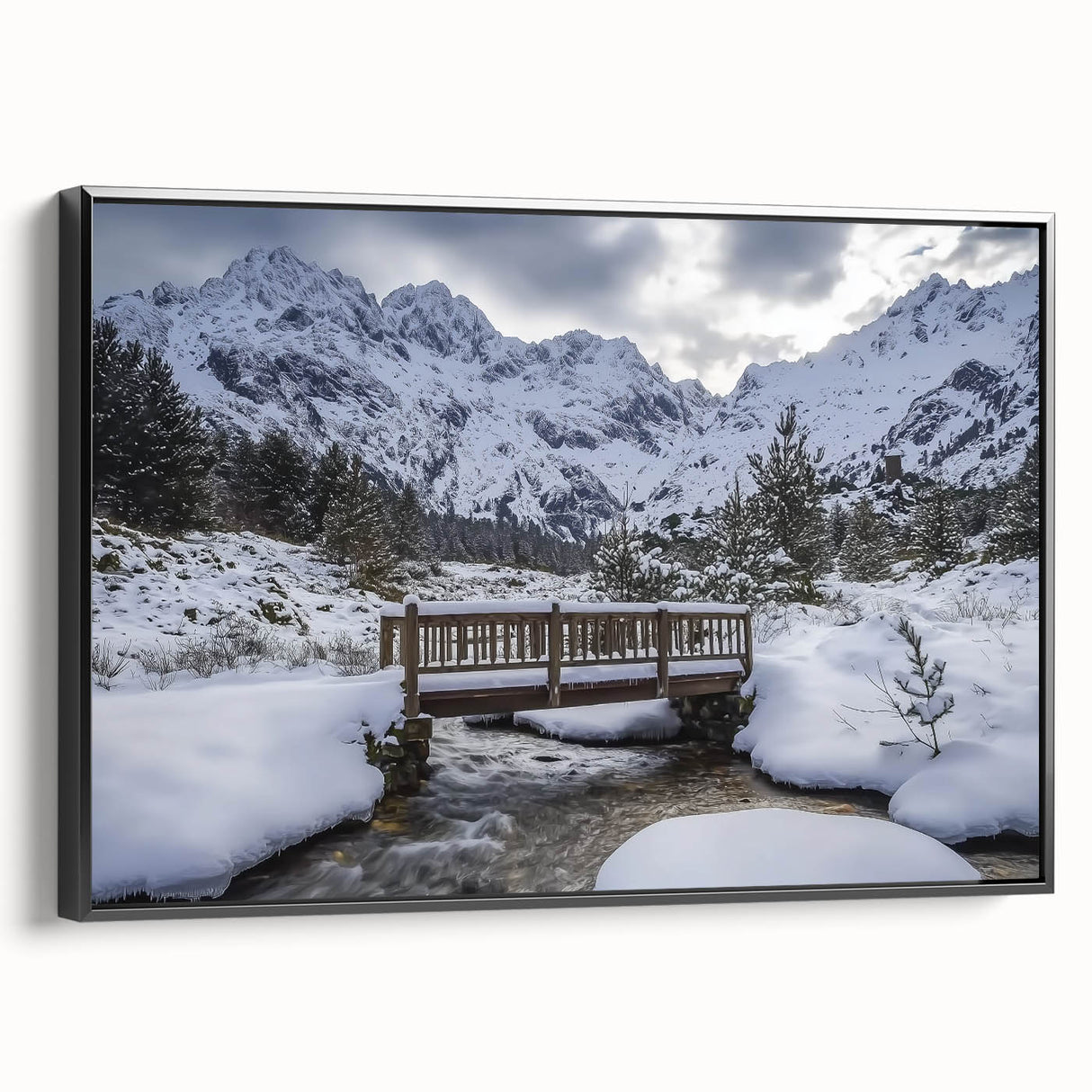 Landscape canvas print showcasing a black-framed bridge design, highlighting intricate details and vibrant colors, perfect for modern home decor and art enthusiasts.